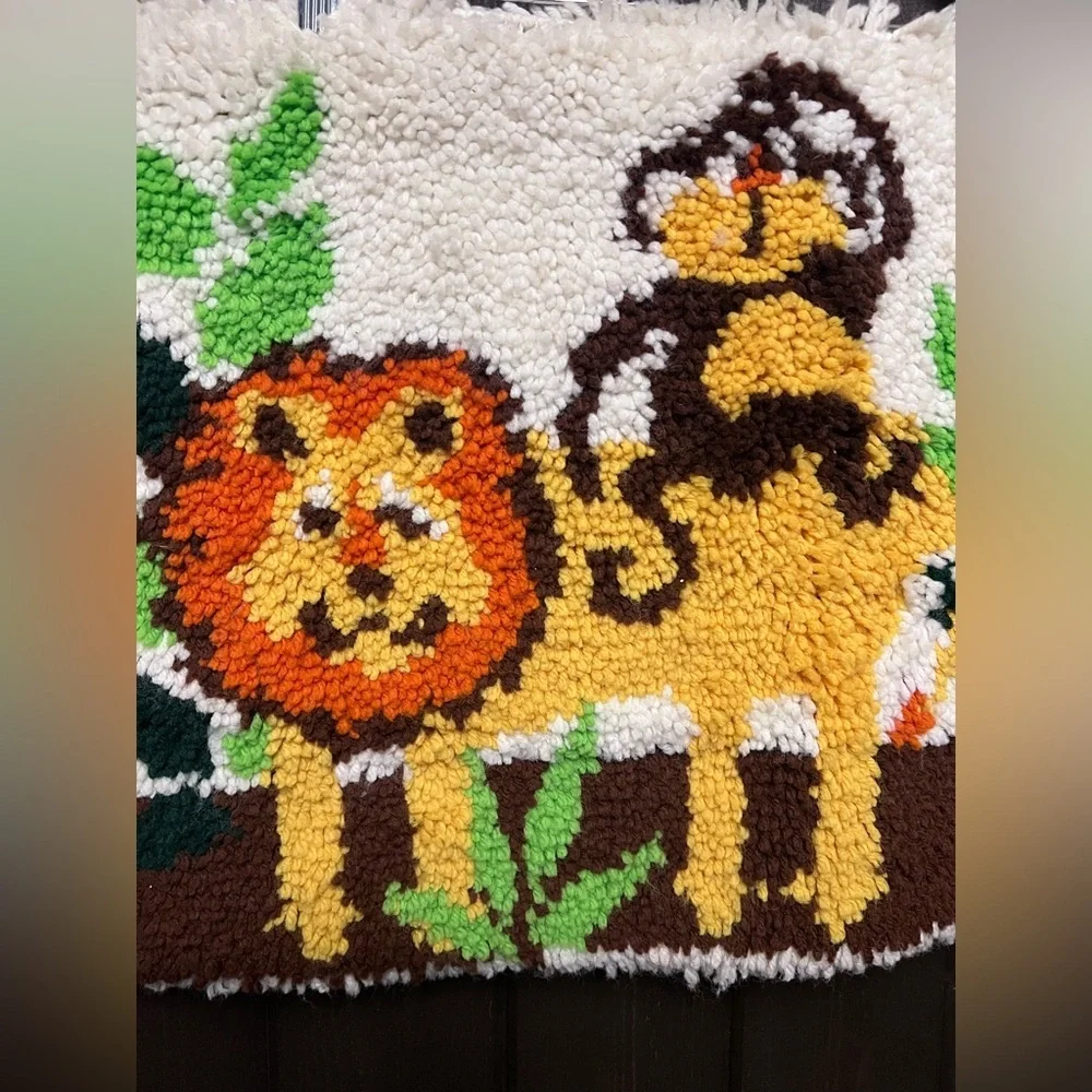 Vintage 80s Latch Hook Rug Lion Monkey with Wood Dowel for Hanging 23.5” x 18”.